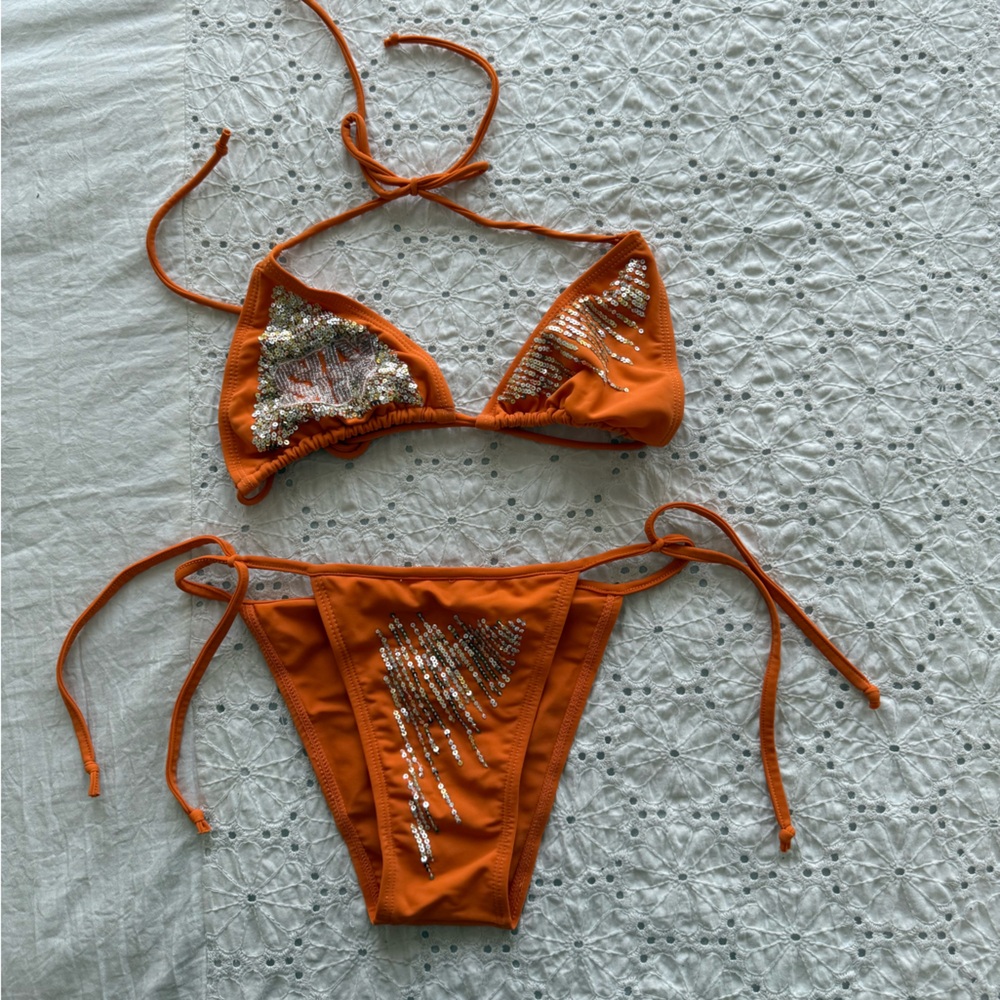 Sequin Embellished Orange Bikini Set